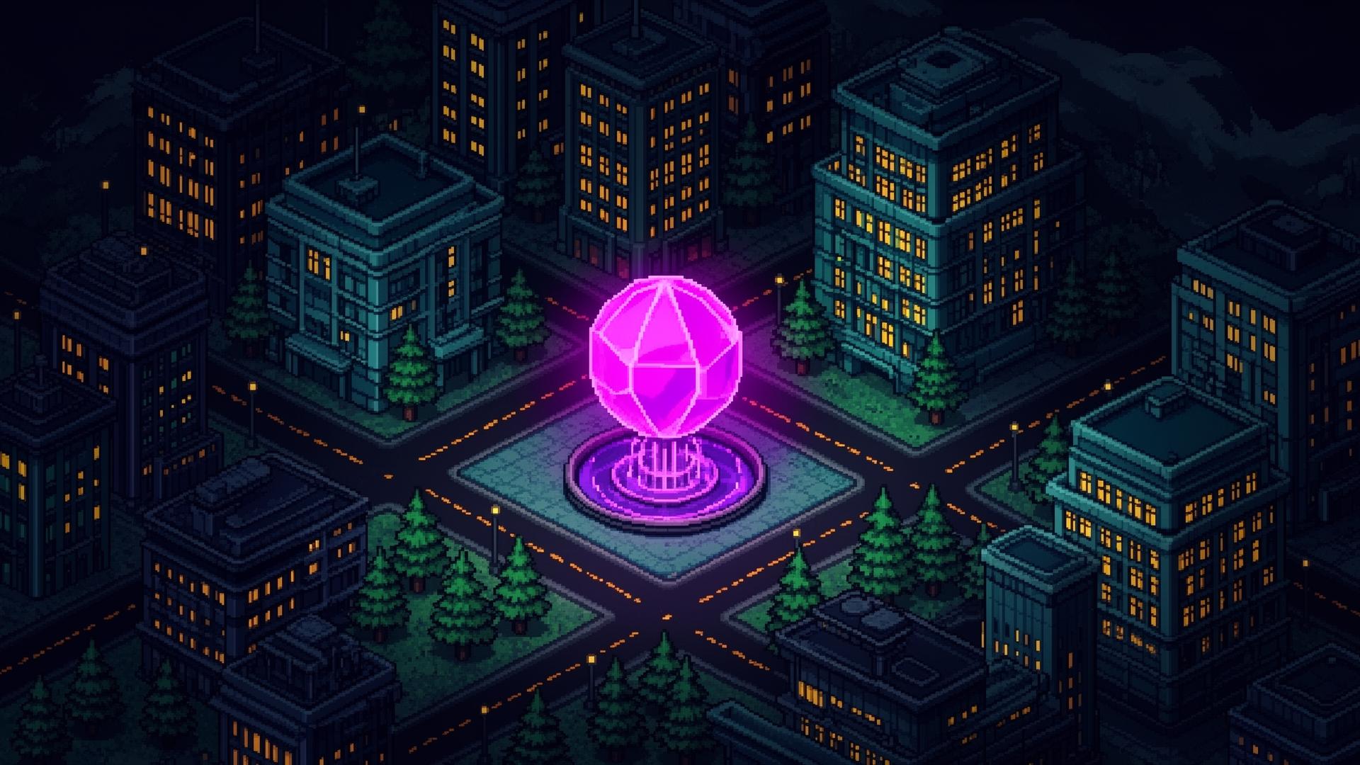 Pixel-art isometric neon city at night with a glowing purple token at its center
